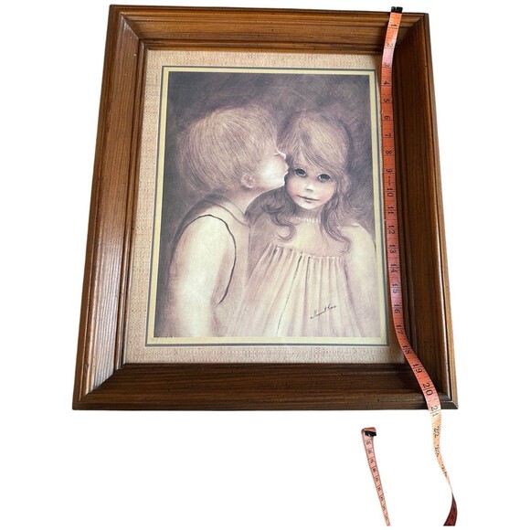 Margaret Keane A Little Kiss Big Eyes Boy Girl Framed MCM Vintage Art - Picture 10 of 16